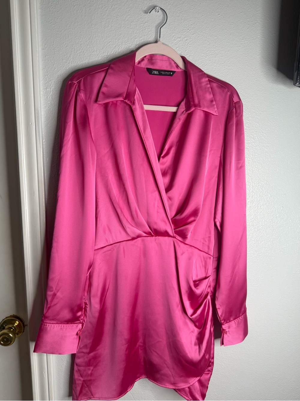 ZARA Fuchsia Satin Wrap-Front Long Sleeve Tunic